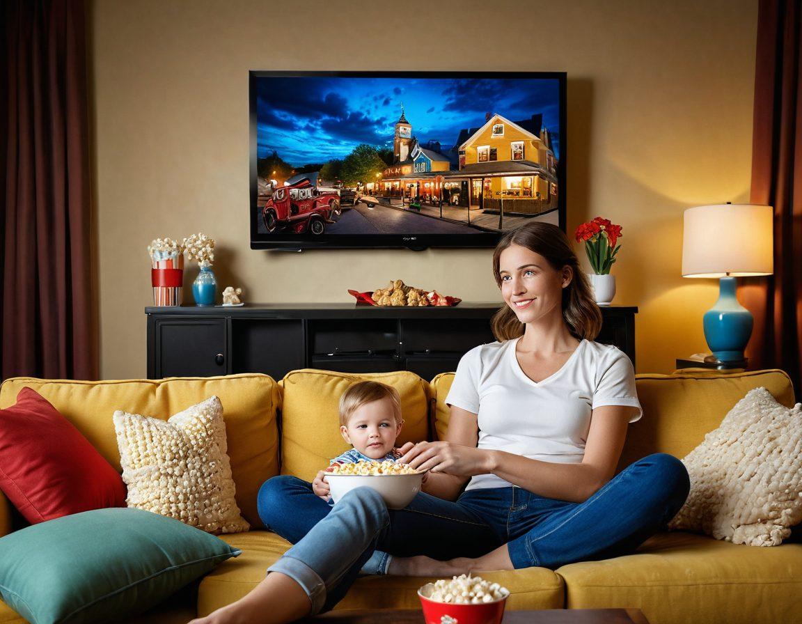 A cozy living room setting with a mother relaxing on a sofa, popcorn in hand, while watching a TV screen displaying iconic moments from popular family-centric shows. Surround the scene with family photos on the walls, colorful cushions, and a warm, inviting ambiance. Include children playing in the background. super-realistic. vibrant colors. warm lighting.
