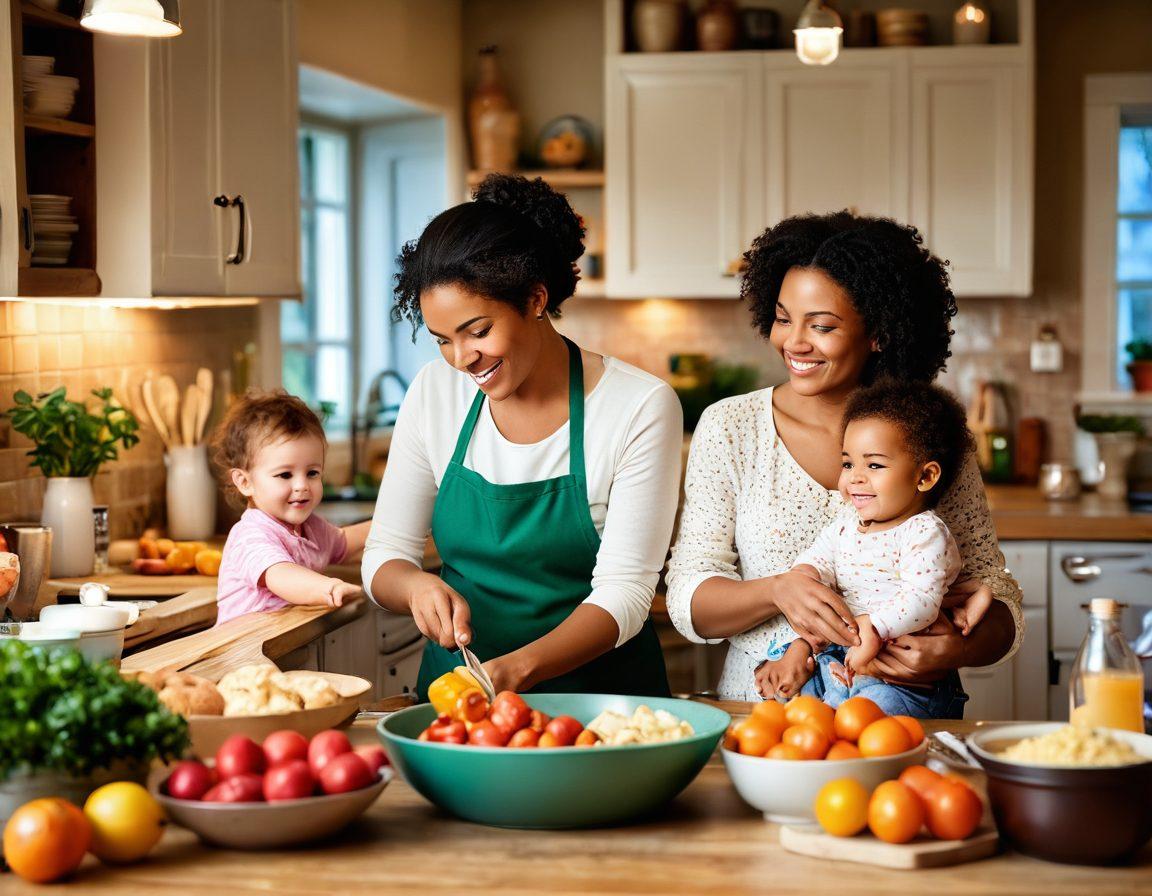 A warm kitchen scene featuring a smiling mother cooking with her child, surrounded by colorful ingredients and recipes scattered on the counter. In the background, a cozy living room with a family enjoying a storytime together, can be seen. The image should evoke warmth and love, with soft lighting and inviting atmosphere. floral accents and playful elements enhance the family theme. super-realistic. vibrant colors. cozy atmosphere.