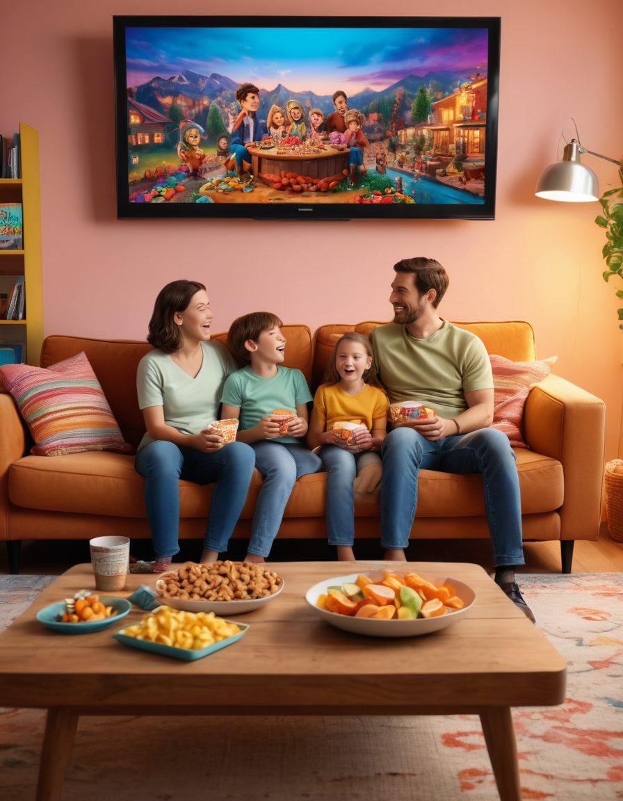 A cozy family living room scene with parents and children gathered around a large TV, laughing and enjoying a movie together. Include colorful snacks on the table, a comfy sofa, and playful decor to emphasize a warm family atmosphere. Display a cheerful ambiance with warm lighting and a hint of family-friendly movie posters on the wall. cartoon style. bright colors. inviting atmosphere.